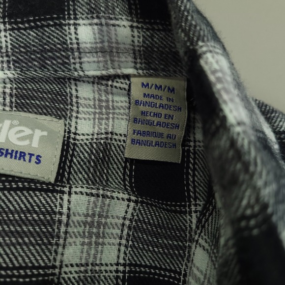 Wrangler Wrancher Shirt Men Medium Regular Fit Black White Plaid Pearl Snap Soft - Picture 6 of 12